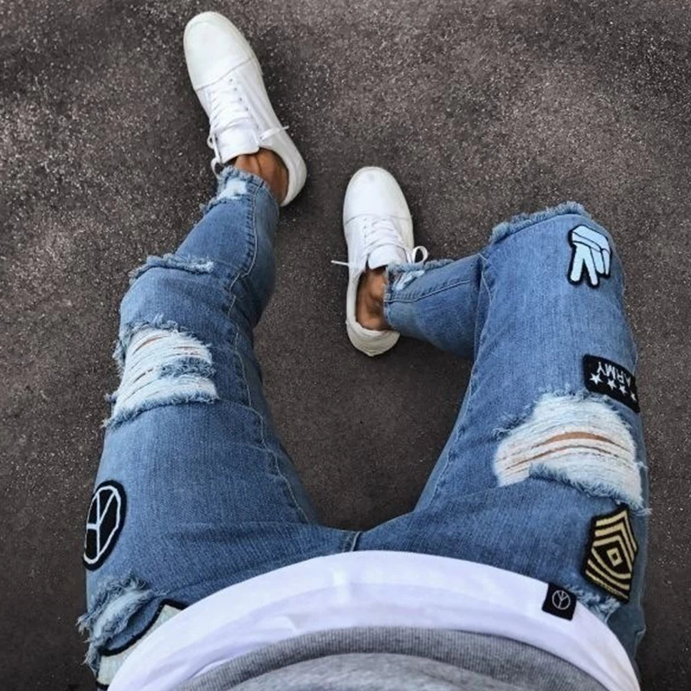 White Embroidery Skinny Ripped Jeans Men Cotton Stretchy Hole Slim Fit Hip Hop Denim Pants Casual Jeans for Men Jogging Trousers.