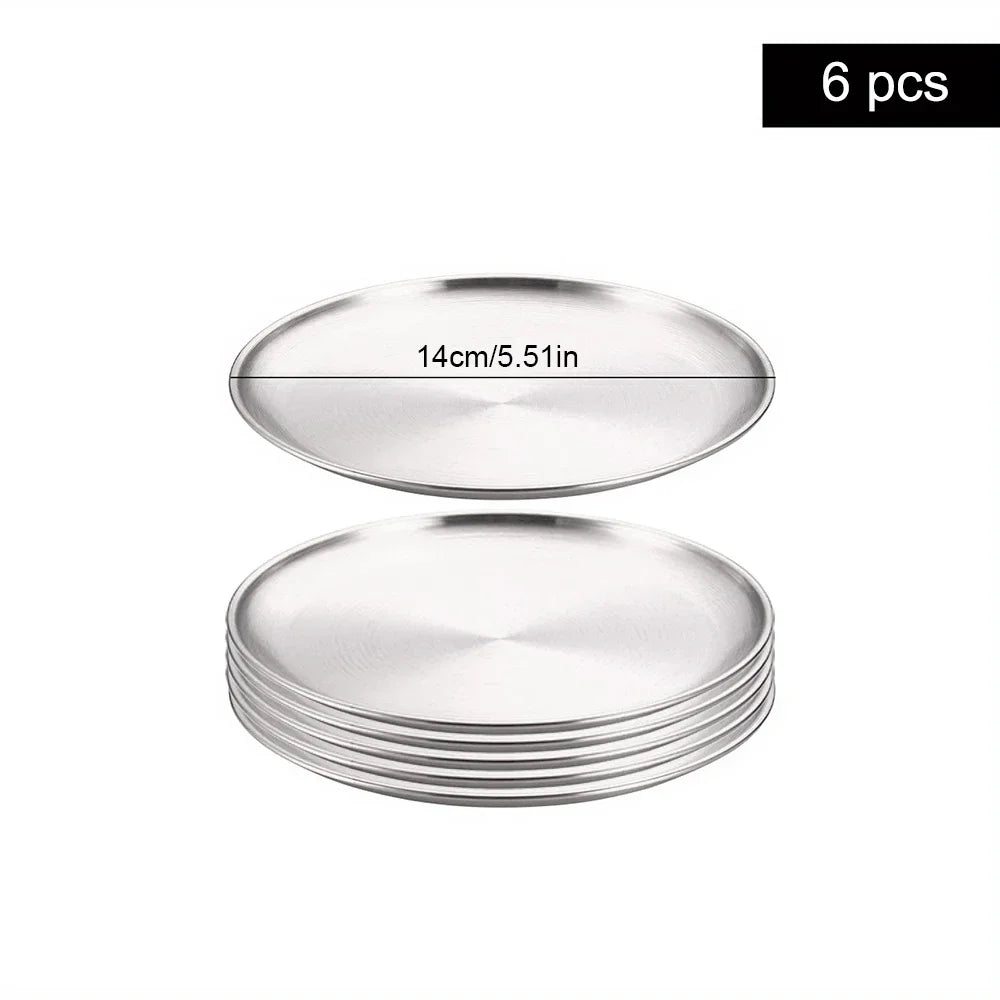 6Pcs High Quality Stainless Steel Bone Spitting Dish Silver Colors Shallow Tray Metal Dining Disc Fruit Meat Round Plate.
