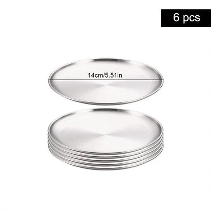 6Pcs High Quality Stainless Steel Bone Spitting Dish Silver Colors Shallow Tray Metal Dining Disc Fruit Meat Round Plate.