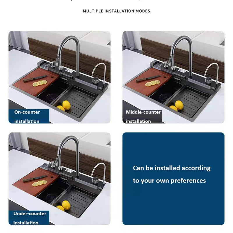 Whale sink kitchen single bowl nano black honeycomb LED digital display flying rain stainless steel large single bowl sink