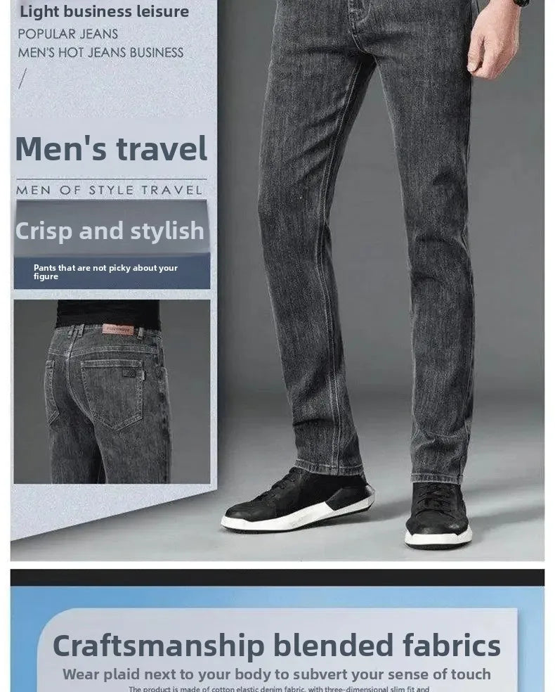 Loose Casual Jeans for Men Mid-aged Thick Winter Long Pants Business Style Straight Leg Spring Autumn Korean Version.