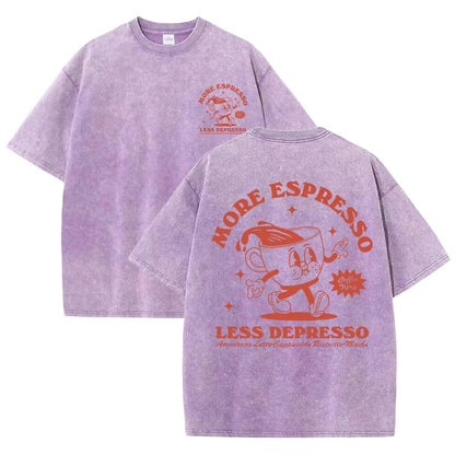 More Espresso Less Depresso Letter Cup Drink Print Washed Womens Tee Shirt Cotton T-Shirts New Breathable Clothes All-Match  Top.