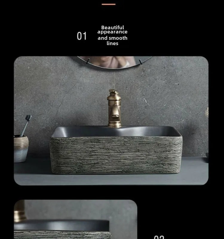 Jingdezhen Keramikgefäßwaschbecken – handgefertigtes rustikales Schwarz- und Sandkunstwaschbecken mit Spritzschutz-Design für den Badezimmer-Waschtisch individuell anpassbar