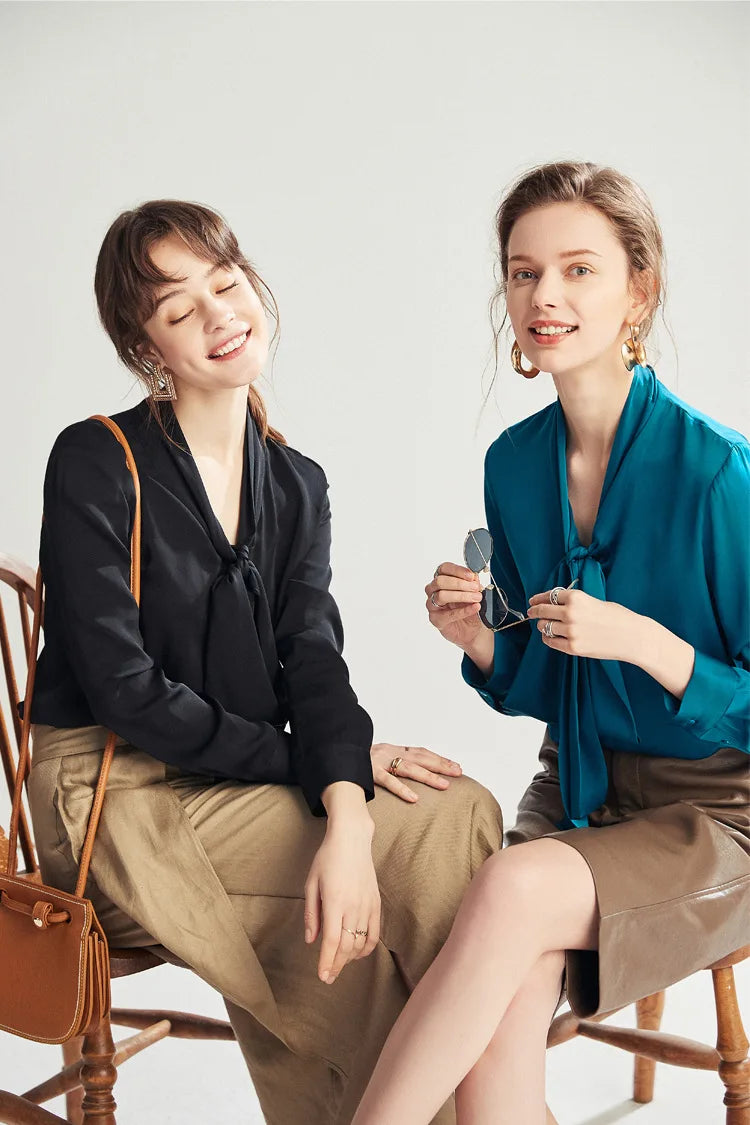 Silk Shirt Women's Thick Temperament Streamer 2025 Spring and Summer New Mulberry Silk Lace-up Design Shirt Long-sleeved Top