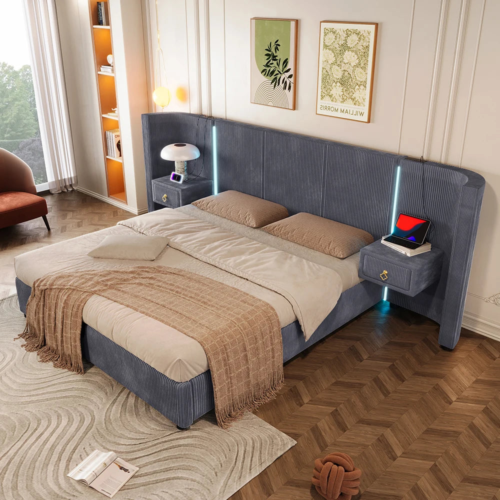 KOMHTOM Polsterbett 180x200cm, Samt mit, LED-Leiste, hydraulischem Stauraum, 2 Schubladen und USB+TYPE-C Anschluss