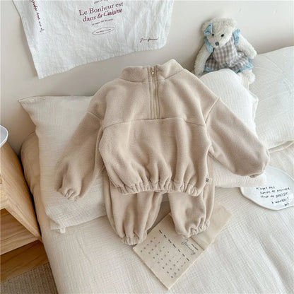 Kids Fleece Warm Set Winter Plus Velvet Outfits Long Sleeved Pullover Tops+Pants 2Pcs Autumn Children's Casual Clothing Suits.