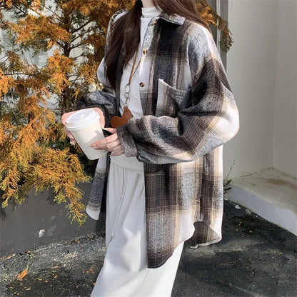 Zjaiss Women Thick Woolen Plaid Blouse Loose Long Sleeved Tops 2025 Autumn Winter New Casual Shirt Long Shirts.