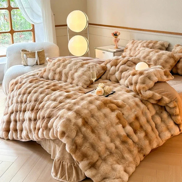 2024 new solid color colorful rabbit wool four-piece set, one side of rabbit fur and one side of milk wool thickened warm