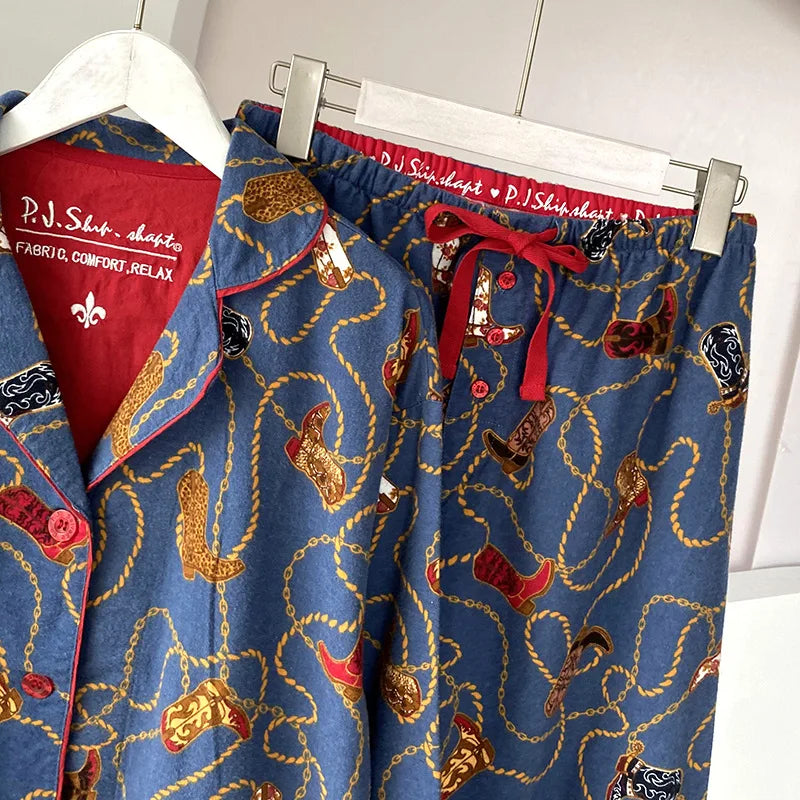 2025 New Pajamas Suit Cotton 2 Piece Set Women Print Cartoon Nightwear Long Sleeve Trousers Set Autumn Loungewear Home Clothes