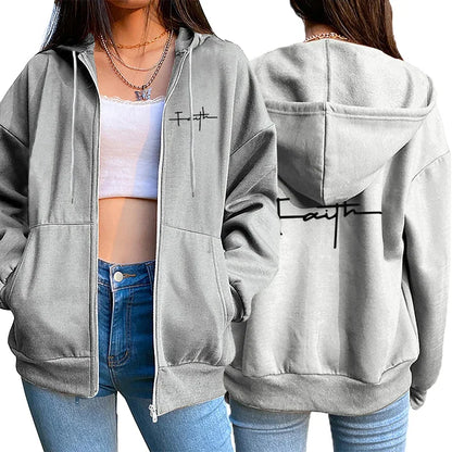 Damen-Strickjacke mit Reißverschluss, Mantel, bedruckt, lässiges Kapuzen-Sweatshirt, Sport-Jogging-Kleidung, hochwertige, vielseitige Straßenfrauenjacke