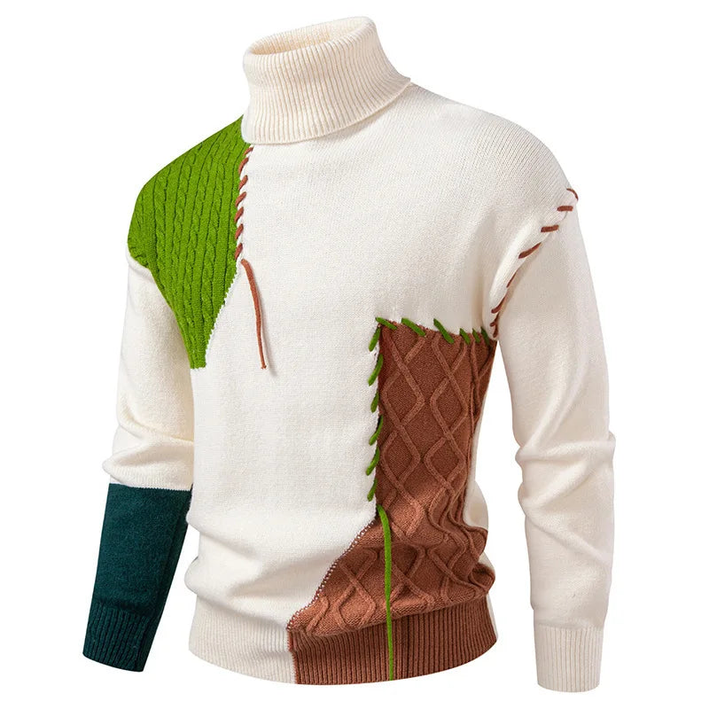 #8624 Autumn Winter Sweater Men Spliced Color Turtleneck Sweater Male Bandage Streetwear Pullover Sweater Man Teenager.