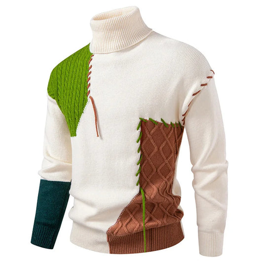 #8624 Autumn Winter Sweater Men Spliced Color Turtleneck Sweater Male Bandage Streetwear Pullover Sweater Man Teenager.