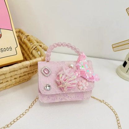 Lovely Sequin Girls Square Shoulder Bag Fish Tail Starfish Princess Crossbody Bags Bead Handle Children's Small Handbags Purse