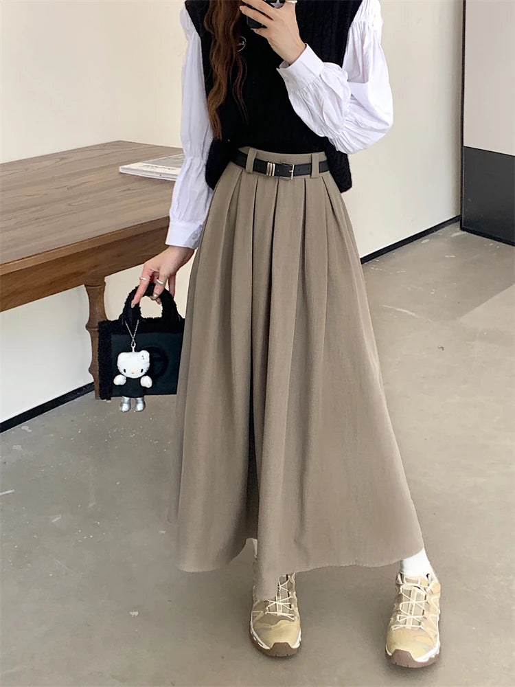 2024 New Korean Skirt Women Solid Color Versatile Mid-length Pleated Skirt Large Swing Type Skirt Female Long Skirts for Women.
