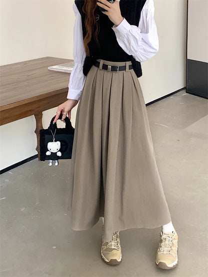 2024 New Korean Skirt Women Solid Color Versatile Mid-length Pleated Skirt Large Swing Type Skirt Female Long Skirts for Women.