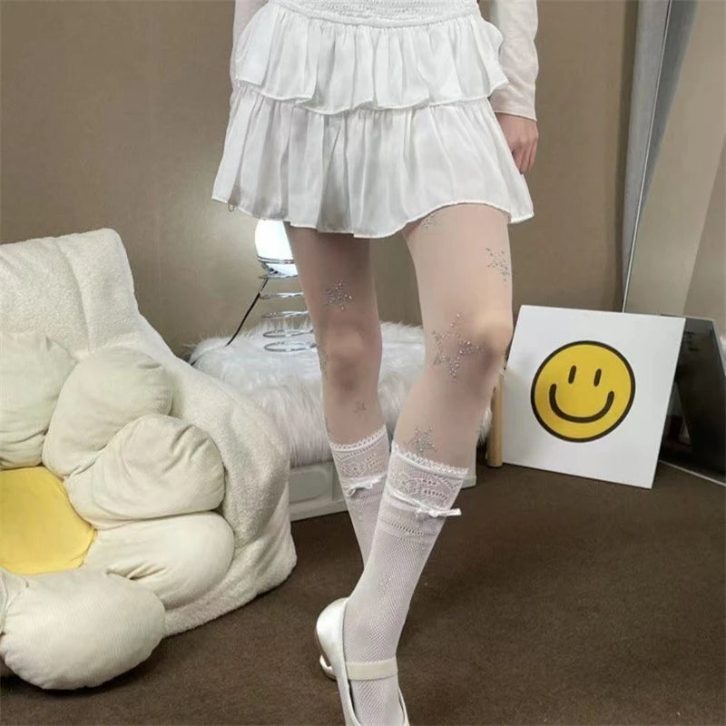 LOTDOOTN Y2K Tights Silver Star Print Pantyhose Women Girl Japanese Mesh Transparent Pantyhose Bow Star Tights Stockings Lolita.