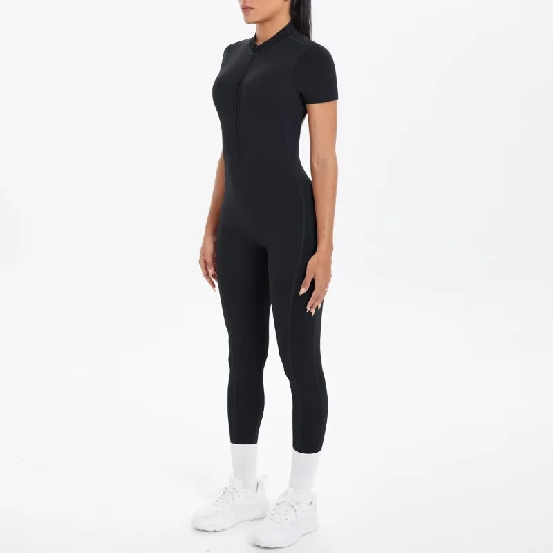 New Women's Yoga Jumpsuit Front Zipper Tight Back Hollow Out Short Sleeve-pants Activewear for Fitness Running Gym Workout