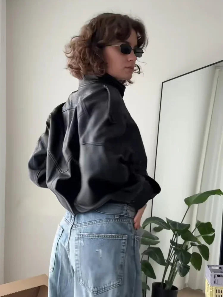 Street PU Leather Loose Jacket Women Fashion Solid Full Sleeve Stand Collar Single Breasted Coats Female 2025 Autumn Lady Coat.