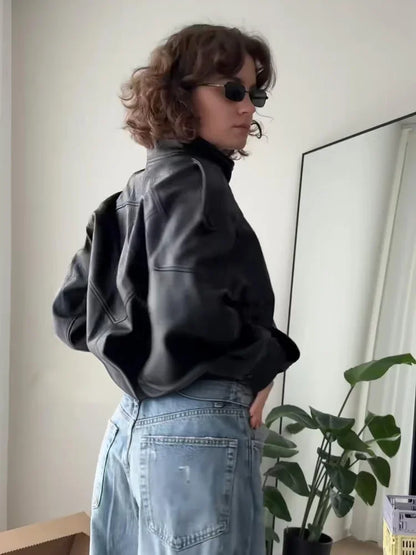 Street PU Leather Loose Jacket Women Fashion Solid Full Sleeve Stand Collar Single Breasted Coats Female 2025 Autumn Lady Coat.