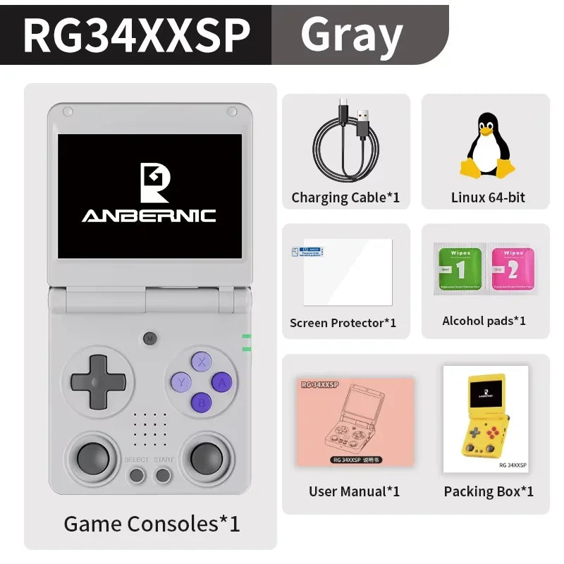ANBERNIC RG34XXSP Flip Handheld Console 3.4'' IPS Screen Linux 64-bit 64G 5000+ Games Supports 5G WIFI HD-MI TV Output Streaming.