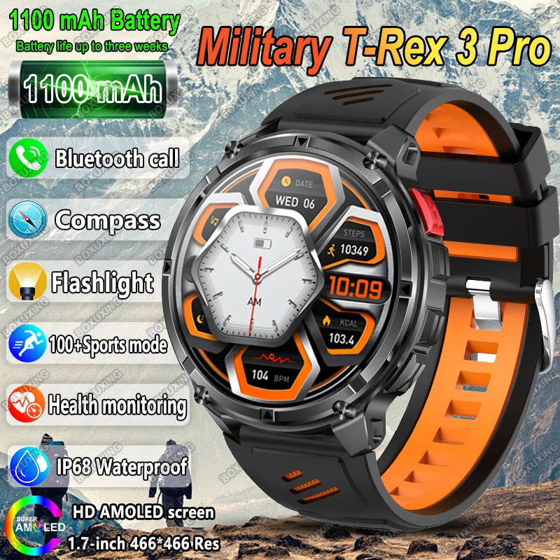 2025 New Military T-Rex 3 Smart Watch Men 1100mAh Battery AMOLED  IP68 Waterproof Outdoor Compass Bluetooth CallSport Smartwatch.