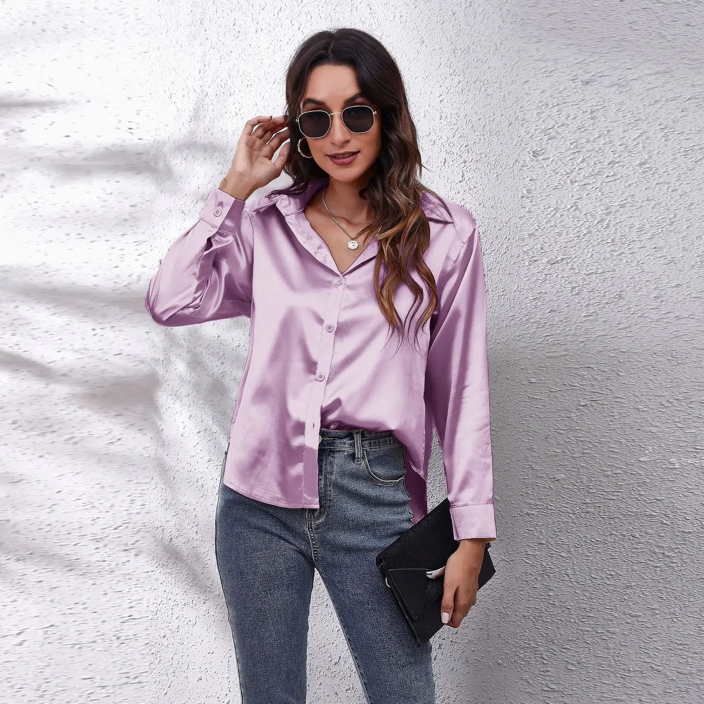 Autumn Women Solid Satin Shirt Long Sleeve Imitation Silk Loose Button Up Blouse Shirt Ladies Tops Fashion Clothing