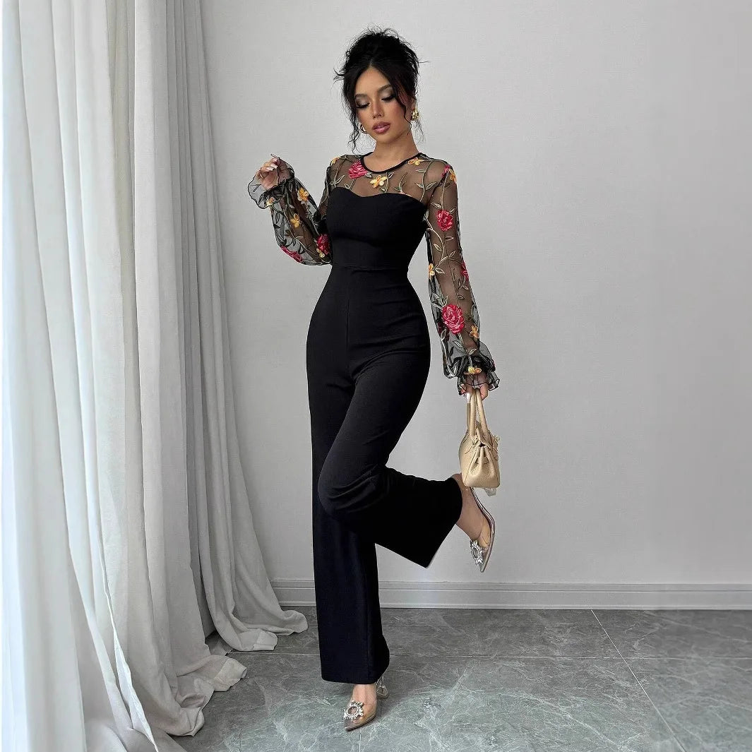 Spring Embroidery Floral jumpsuit Women Mesh long sleeve patchwork one piece set Elegant slim high waist wide leg Romper.