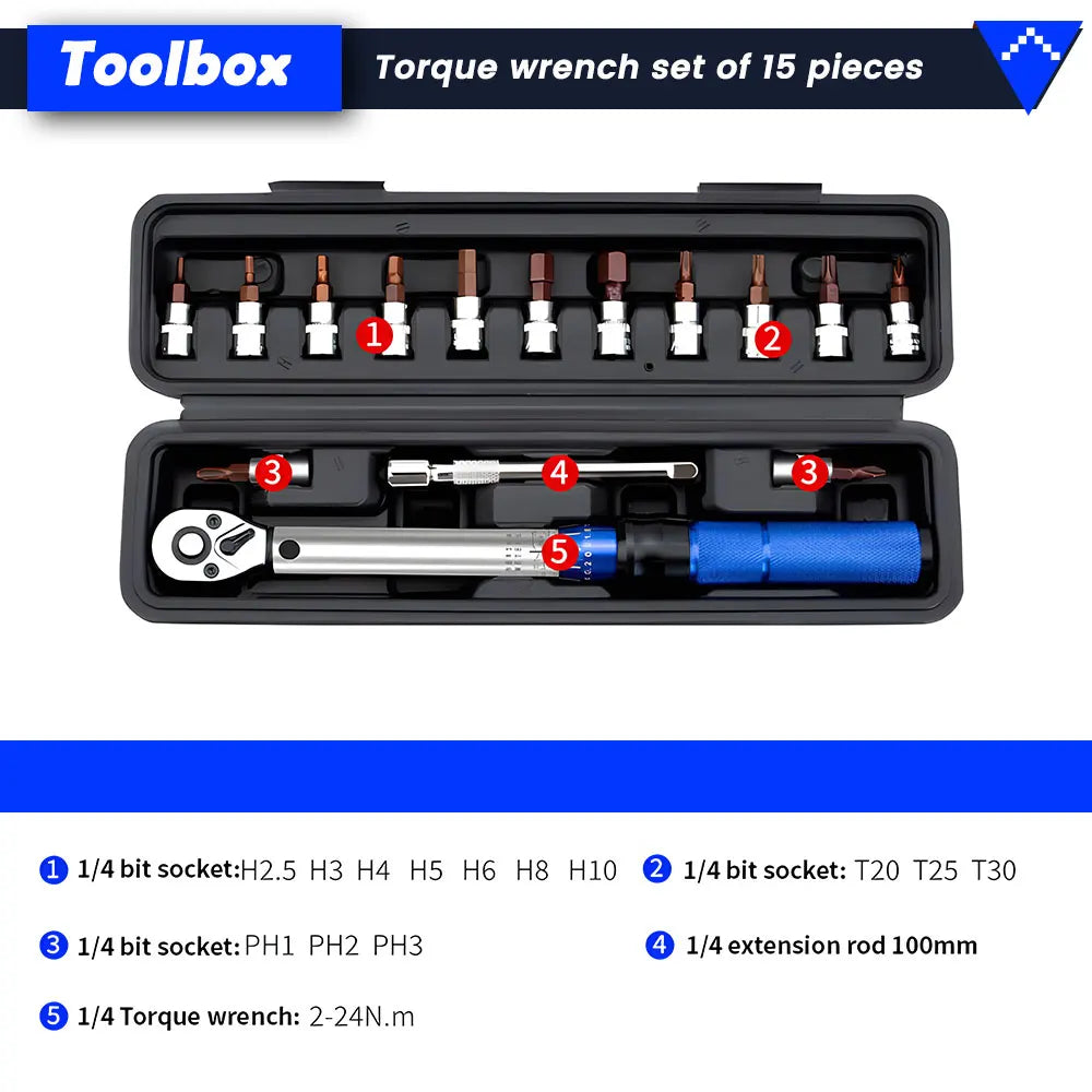 Podofo Hochpräzises Drehmomentschlüssel-Set, 2–24 NM, Einstellung, Dual-Richtungs-Ratsche mit für Auto-Motorrad-Fahrrad-Wartungswerkzeug