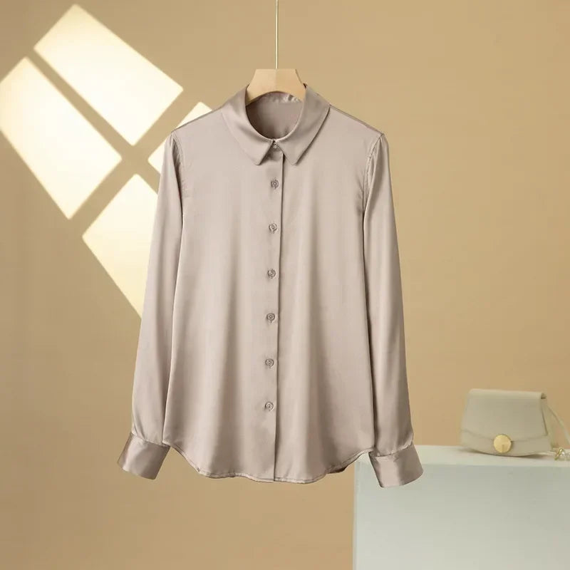 Woman Silk Shirt Long-sleeved Satin Women Blouse 19mm Mulberry Silk Blouse Loose Versatile Base Shirt 95% Natural Silk+5%Spandex