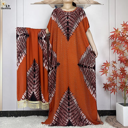 2024 New Muslim Women Dashiki Printed Dress Flower Diamonds Loose Dress With Big Scarf Islamic African Women Short Sleeve Abaya