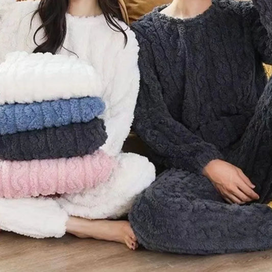 Herbst Winter Lose Süße Casual Pyjamas frauen Set Dicke Fleece Wolle Langarm Top Hause Elastische Taille Lange Hosen Hosen