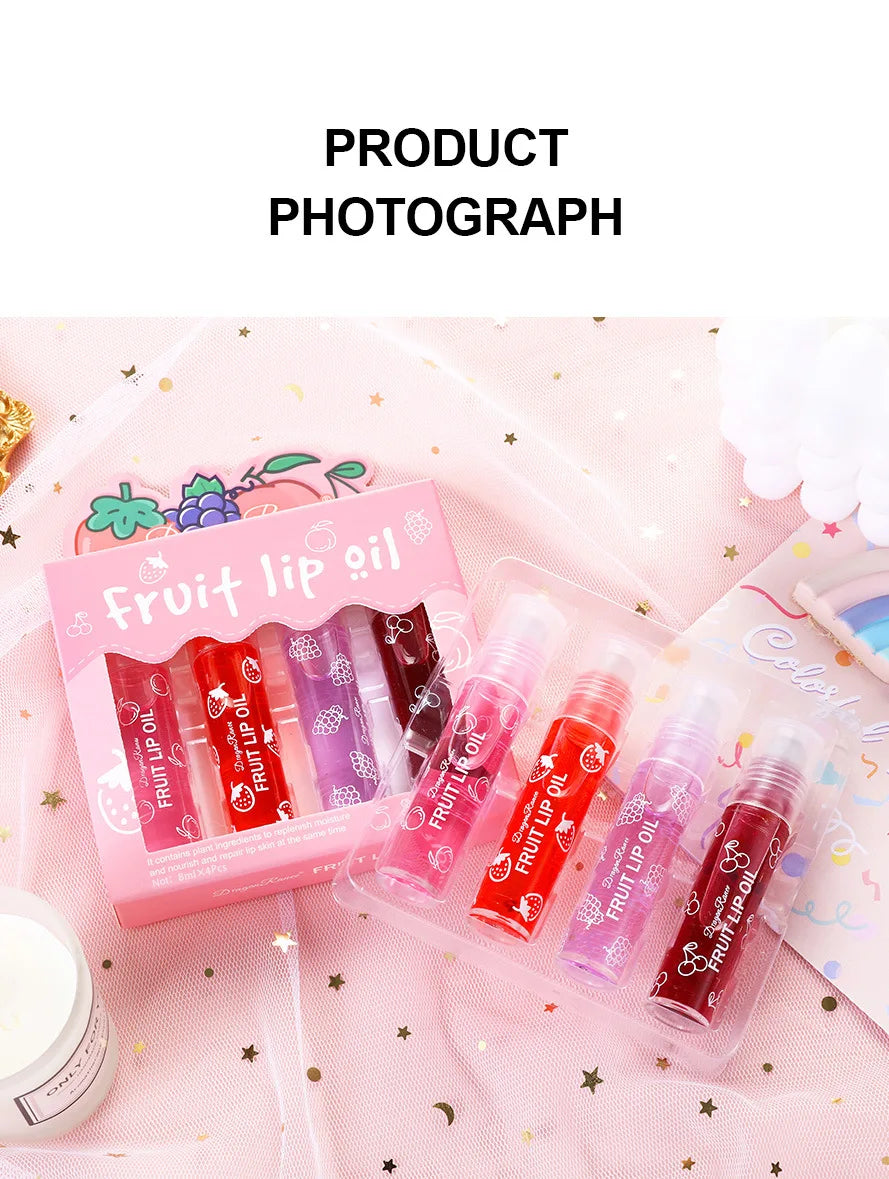 Set of Four Rolling Head Lip Oils Moisturizing Hydrating Roller Ball Lip Care Anti-Drying Transparent Lip Blam for Lip Health.