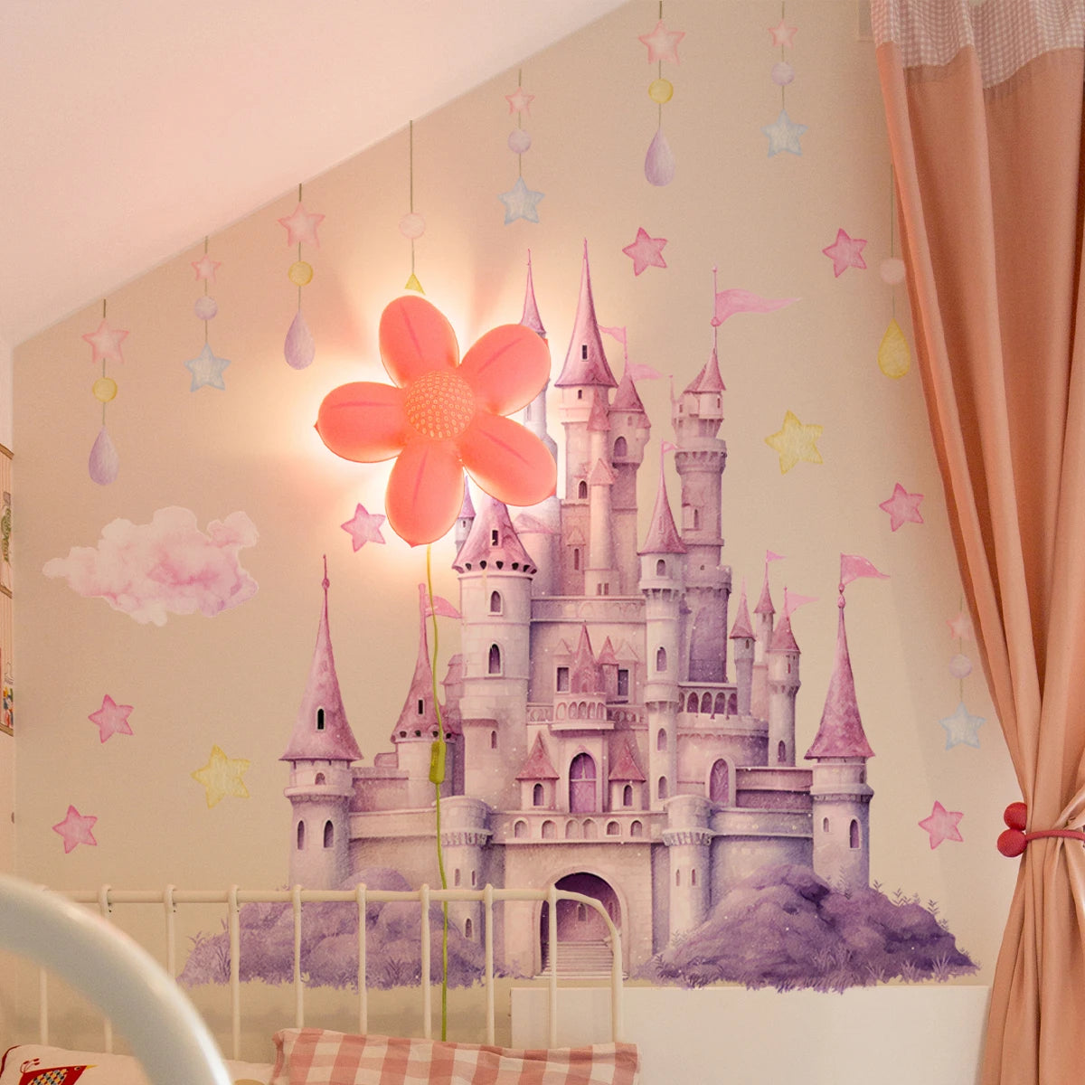 2sheet/set Pink Castle Wall Decals,  Clouds Stars Wall Stickers, Balloon Wall Decor for Kids Girls Bedroom Nursery Home.