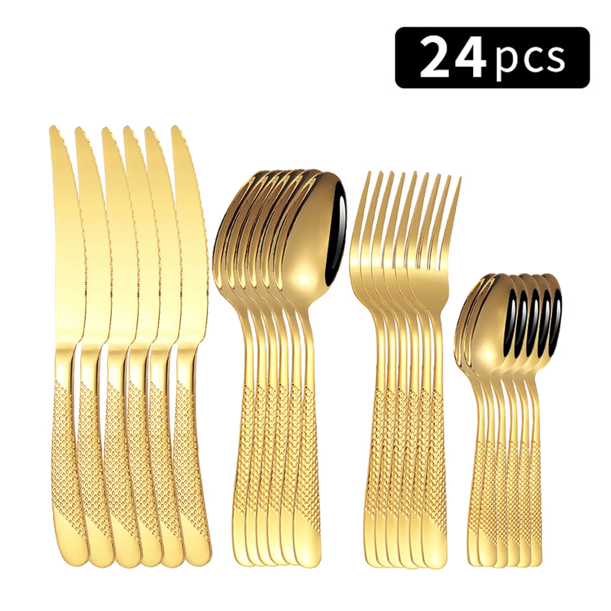 24pc Stainless steel tableware star steak knife and fork dessert fork spoon family suits.