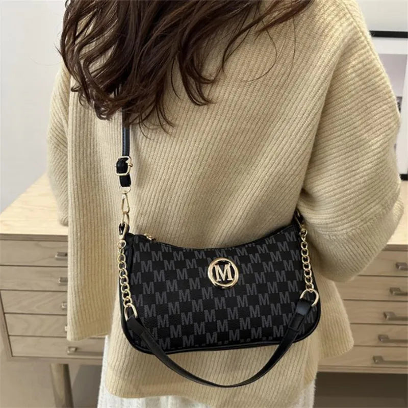Vintage Style Handbag Crossbody Bag, Gold Letter 'M' Design Pu Leather Shoulder Messenger Bag, Synthetic Leather Tote Bag, Purse.