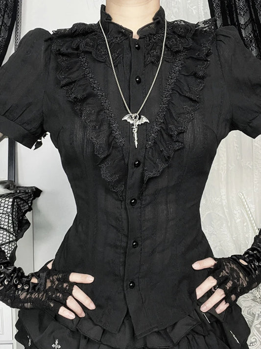 Sweet Lolita Cotton Shirts Women Vintage Gothic Black White Jacquard Short Sleeve Blouses Elegant Office Lady Y2k Tops.