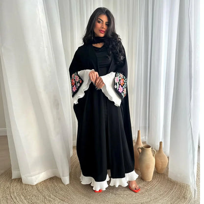 Arabian Embroidery Robe Muslim Women One Size Dubai Fashion Outer Wear Abaya Pleated Splicing Dress.