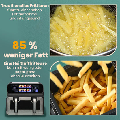 Sinaopus 2200W Hot Air Fryer Dual Basket 9 L XXL Multi-Function Air Fryer with LED Touch Screen Timable Auto Programmes.