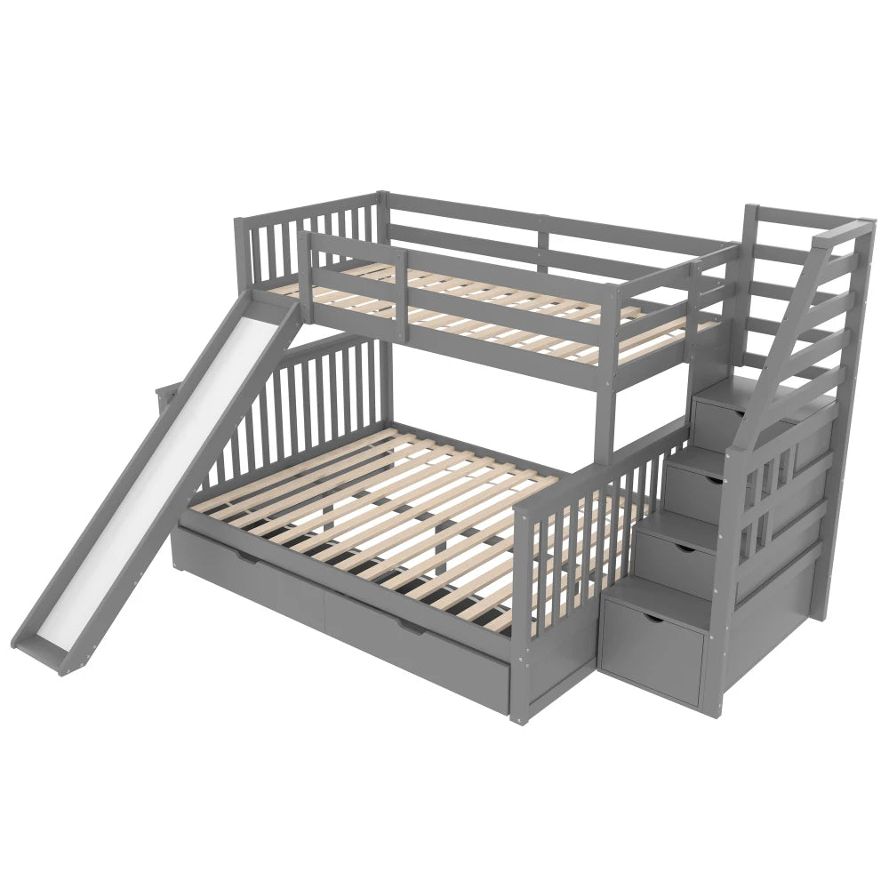 Etagenbett 90 x 200 über 140 x 200 mit Schubladen, Stauraum und Rutsche, multifunktional, Grau (ohne Matratze)