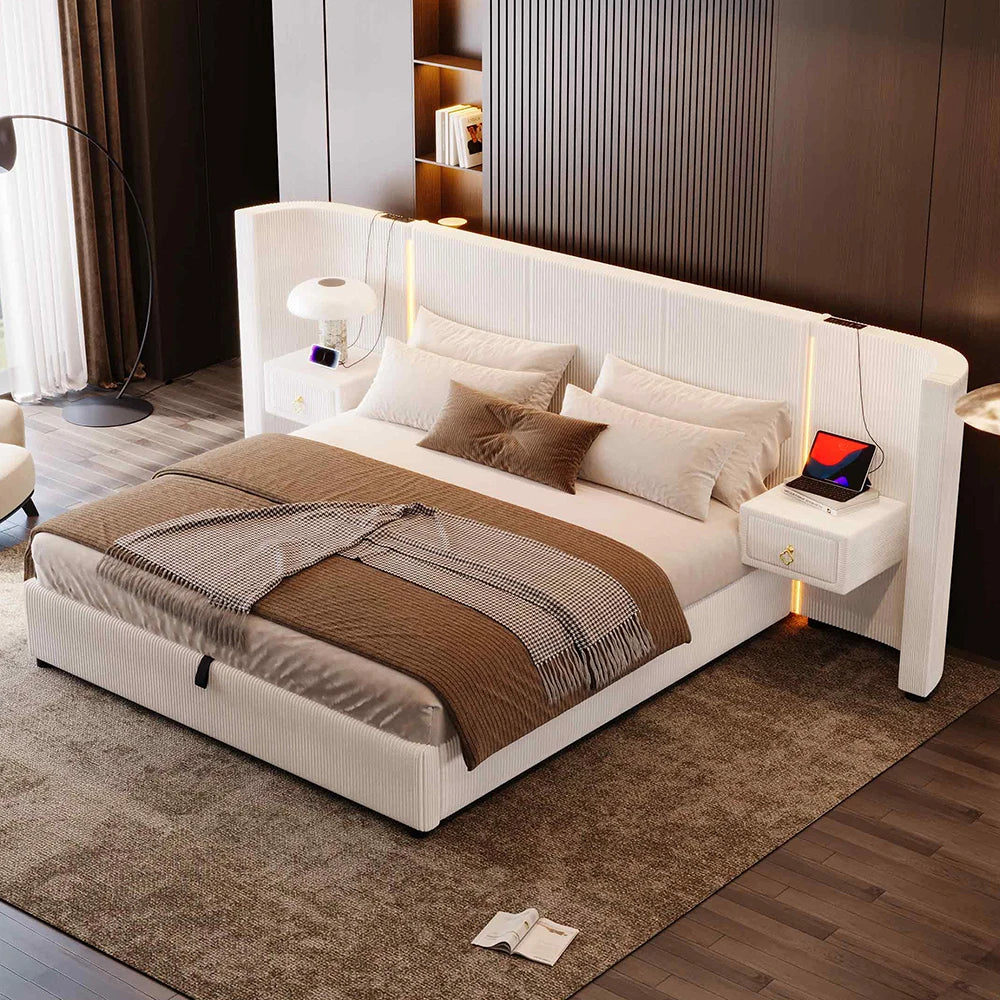 KOMHTOM Polsterbett 180x200cm, Samt mit, LED-Leiste, hydraulischem Stauraum, 2 Schubladen und USB+TYPE-C Anschluss