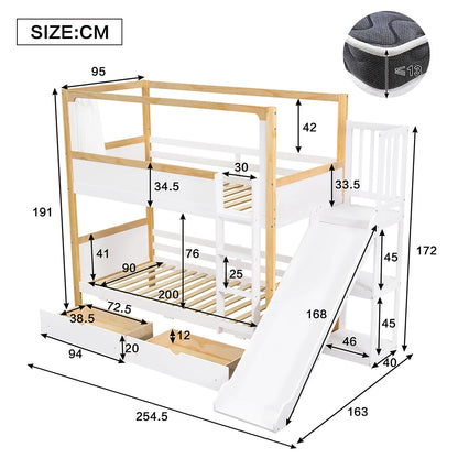 KOMHTOM Kinderetagenbett mit 2 Schubladen (mit Rollen), Kinderrutsche, 90x200cm