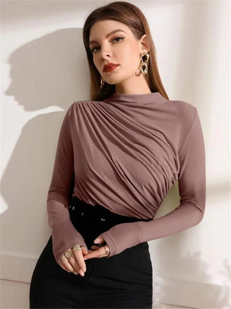 Autumn Winter Warm Fashion Pleated T-Shirt Women Solid Color Stand-up Collar Slim Tops Female Daily Casual Trend Streetwear Tees.