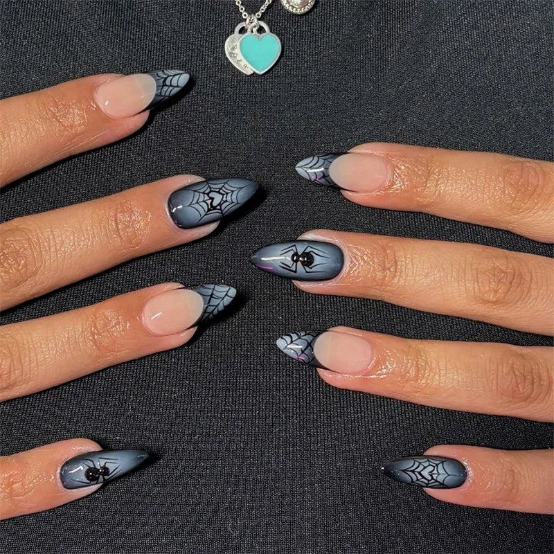 24Pcs Gothic Halloween Press On Nails - Creepy Skeleton Finger Fake Nails, Long Almond Black/White Acrylic False Nails Patches.