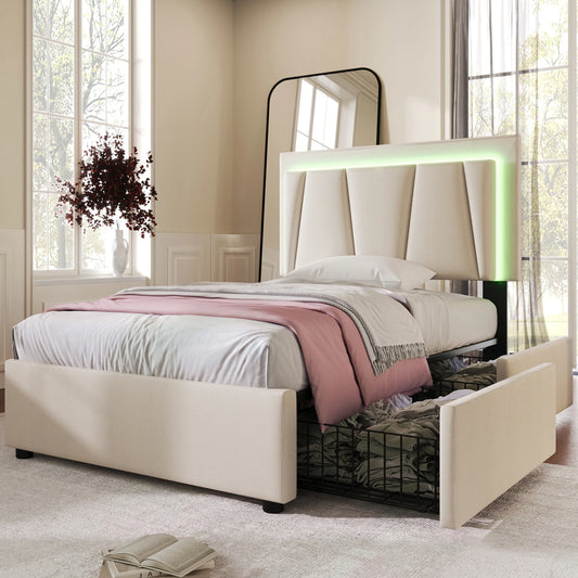 KOMHTOM Polsterbett Einzelbett 90x200 cm, LED-Beleuchtung, 2 Schubladen, höhenverstellbares Kopfteil, ohne Matratze