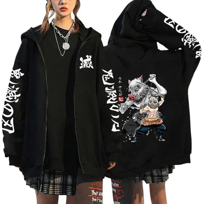 Japan Anime Print Black Hoodie Woman Hooded Long Sleeve Zipper Jacket Tanjirou Zenitsu Inosuke Pattern Sweatshirt Autumn Coat.