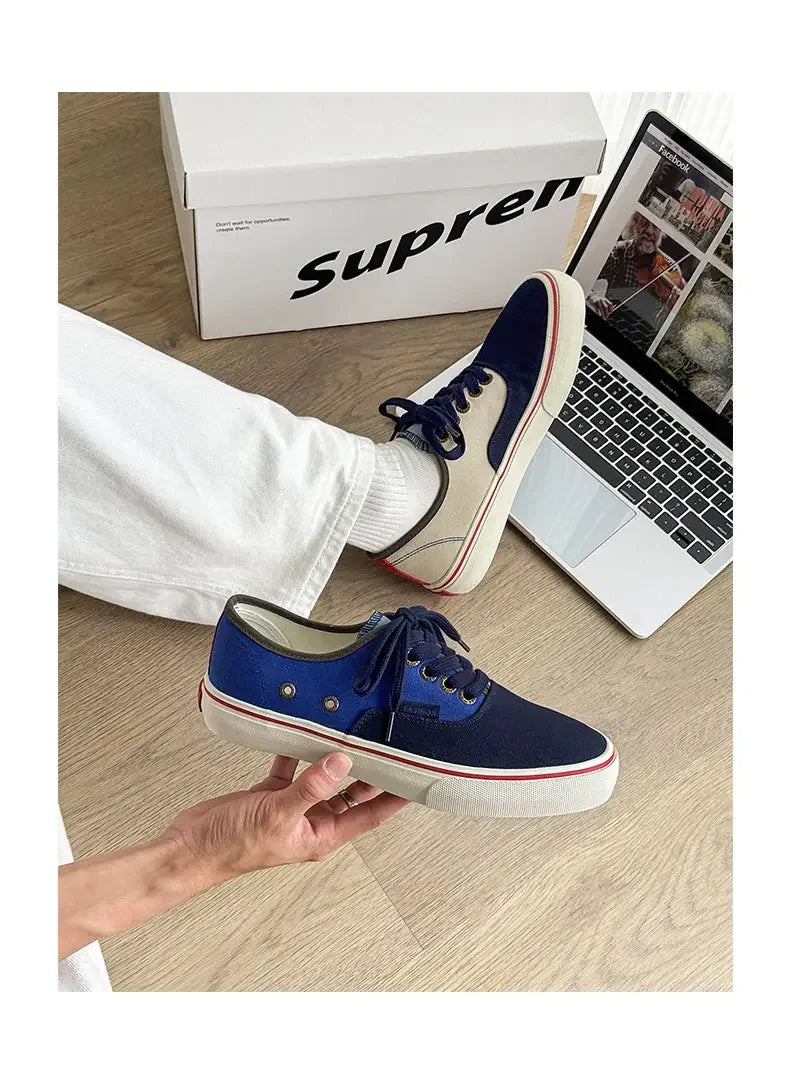 Boys' Casual Canvas Skateboard Shoes with Patchwork Low Cut Shoes Men's Minimalist Fashion Sneakers Trendy Lace Up Flat Bottom