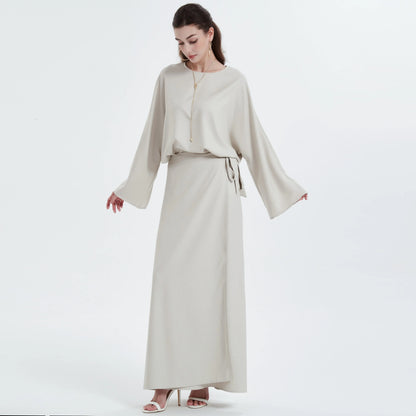 Ramadan kebaya Solid Color Simple Loose tunic with slit waist sleeve abaya Muslim Dresses.