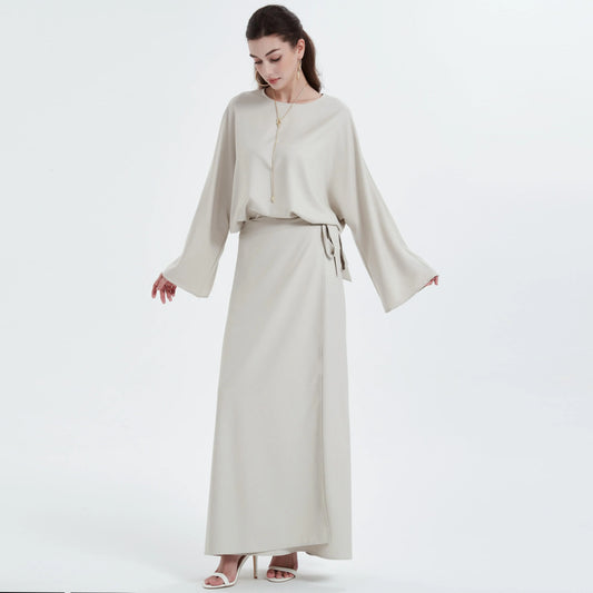 Ramadan kebaya Solid Color Simple Loose tunic with slit waist sleeve abaya Muslim Dresses.