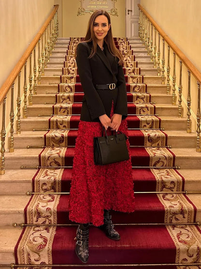 Bornladies Winter Red Fashion Long Petal Skirt Women's Design Inspired Evening Gown Elegant Lady Unique High Waisted Skirt