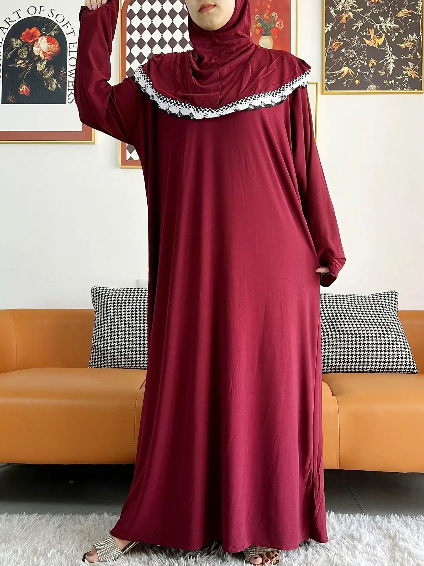 2023 Muslim Solid Cotton Abaya For Women Ramadan Prayer Garment Joint Hat Dubai Turkey Middle East Femme Robe Floral Loose Dress.